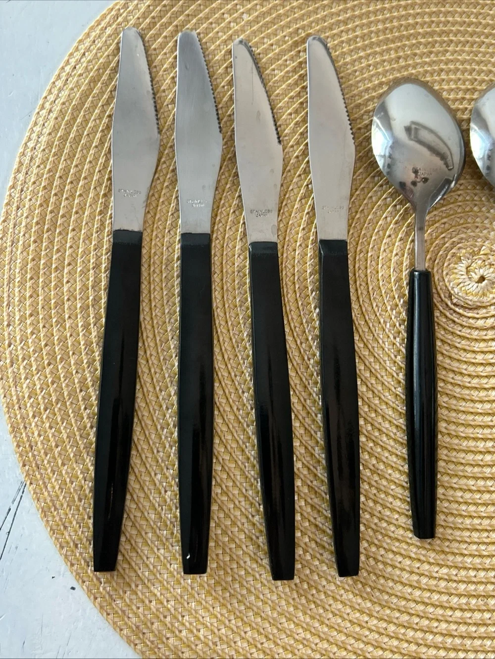 VTG Lifetime Cutlery Japan 15 pc Bamboo Inset Black Handle 7Spoons4Knives4Forks